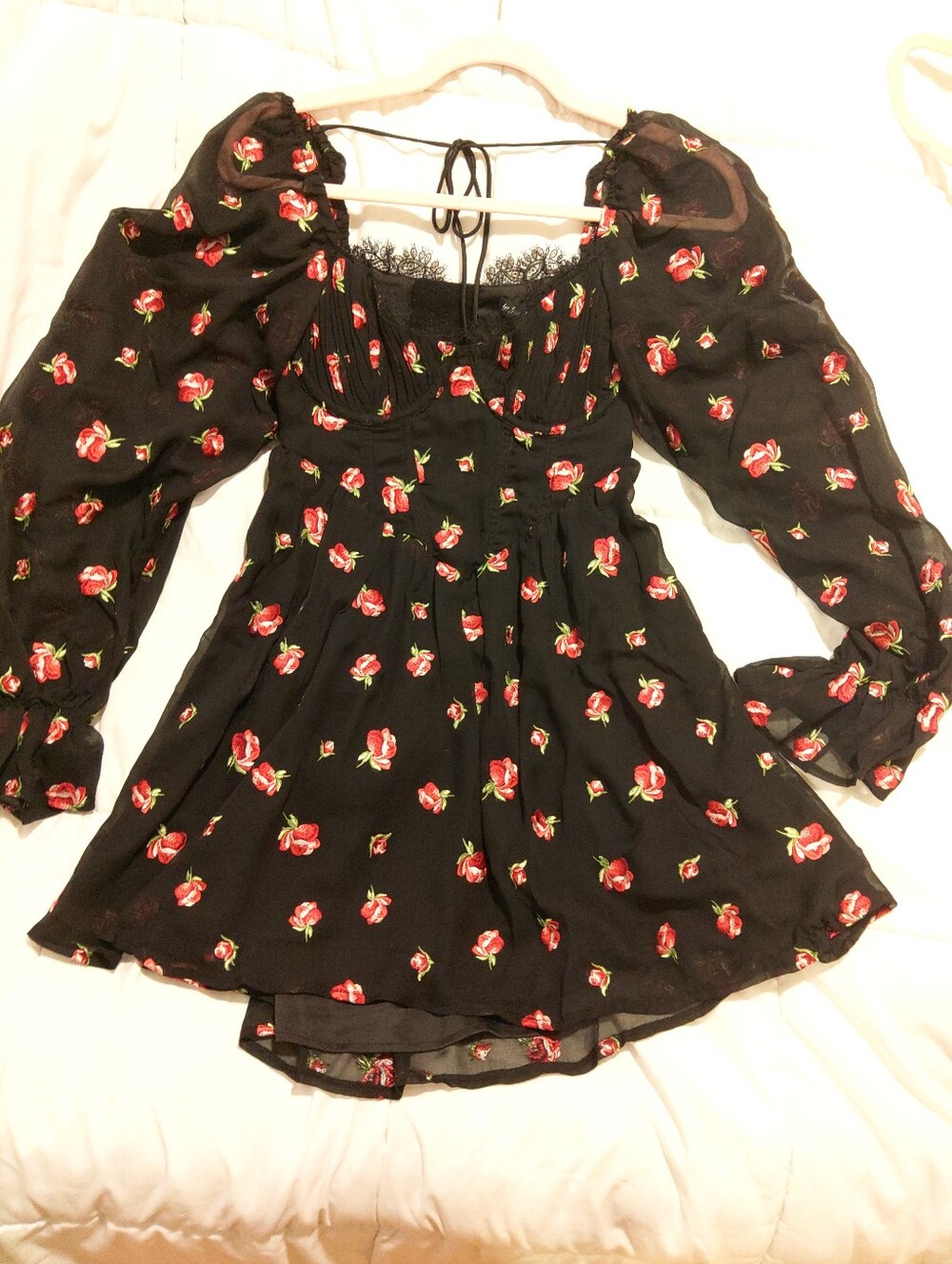For Love And Lemons Black Floral Puff-Sleeve Dress with Lace Detail
